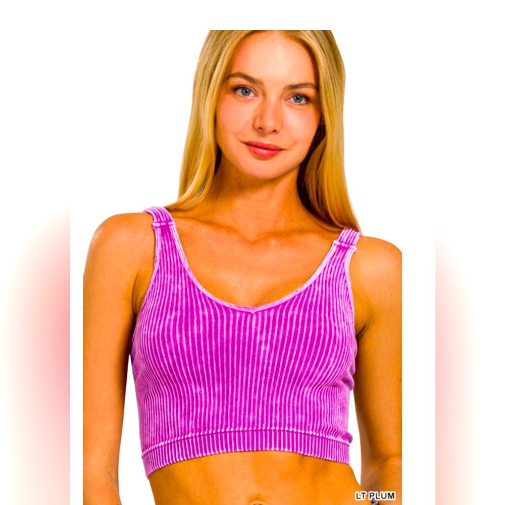 Zenana Light Plum Washed Ribbed Seamless Bralette Crop Top Workout Top
